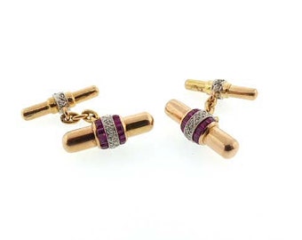 Art Deco 18K Gold Platinum Diamond Ruby Baton Cufflinks