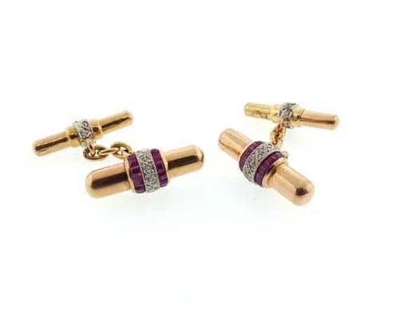 Art Deco 18K Gold Platinum Diamond Ruby Baton Cufflinks