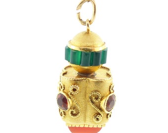 Etruscan Style 18K Gold, Carnelian, Citrine & Chalcedony Charm Pendant