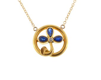 Art Nouveau 18K Gold Sapphire & Diamond Trefoil Pendant Necklace