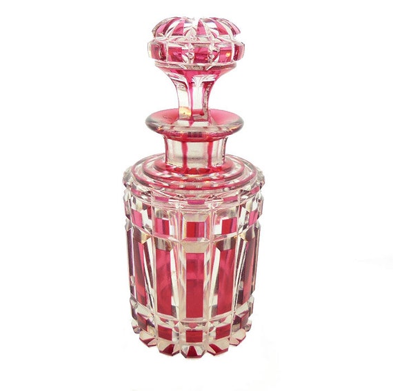 French Cranberry Overlay Cut Crystal Perfume Bottle