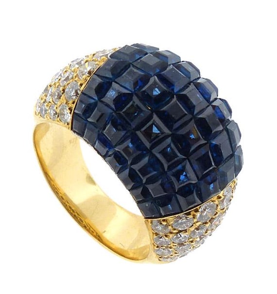 18K Platinum Diamond Sapphire Mystery-Set Bombe Ring