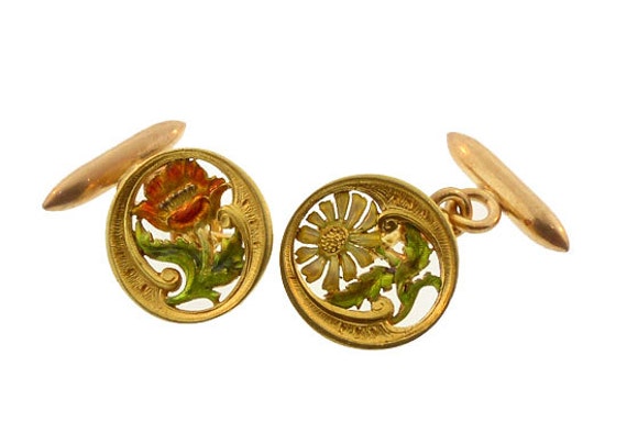 French Art Nouveau 18K Secret Message Flower Cufflinks