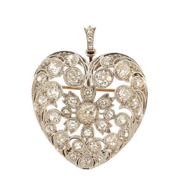 Edwardian Platinum and Diamond Puffed Heart Pendant & Brooch