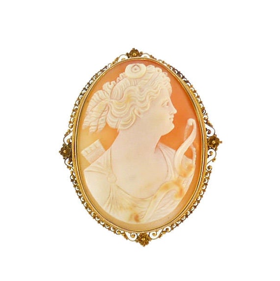Victorian Etruscan 12K Gold Diana / Artemis Shell Cameo Pendant & Pin