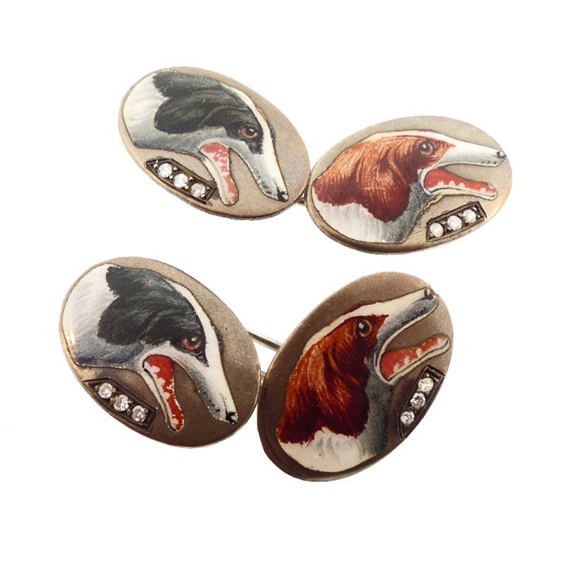 Edwardian Enameled Silver & Diamond Greyhound Dog Cufflinks image 3