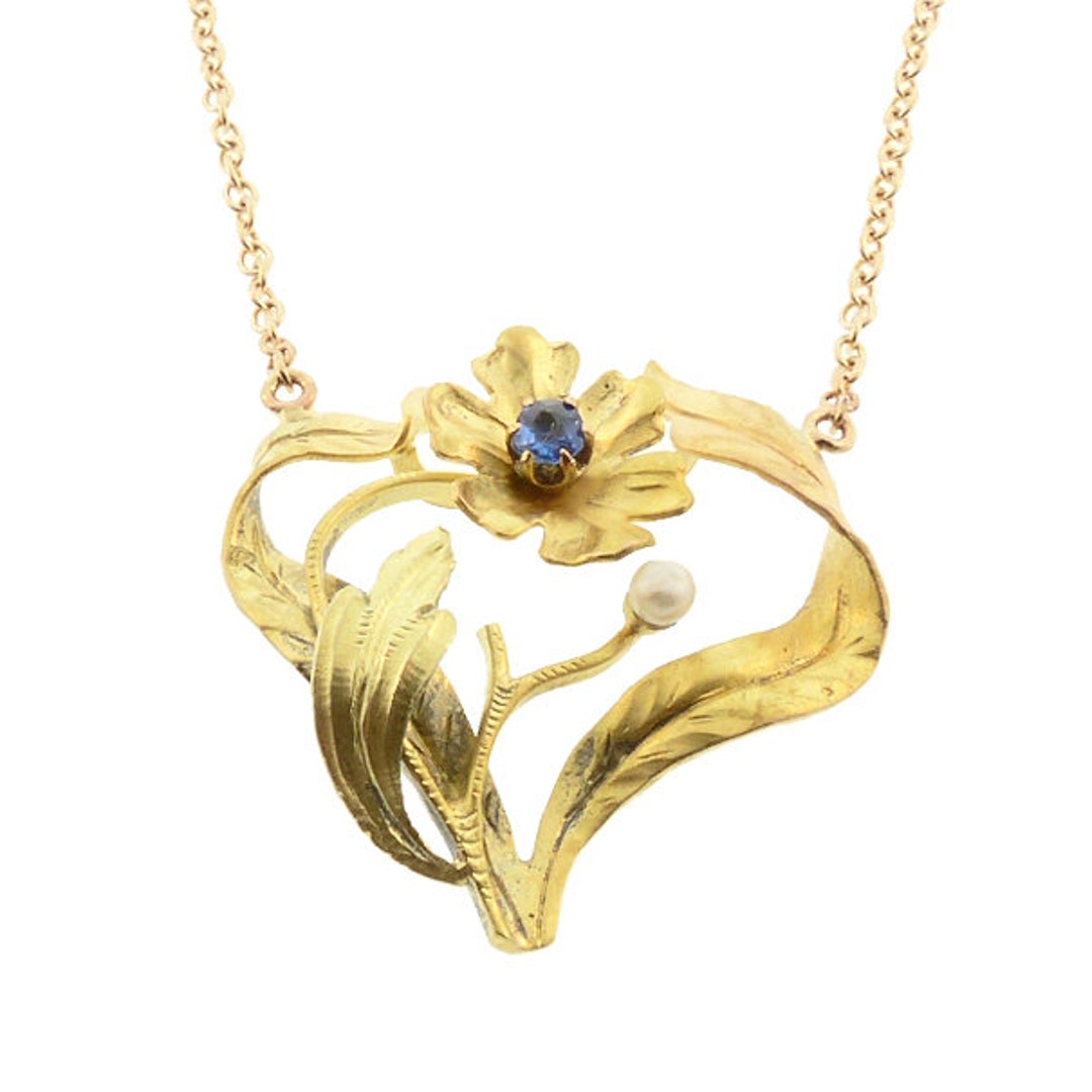 Art Nouveau Sapphire & 14K Colored Gold Floral Pendant - Etsy