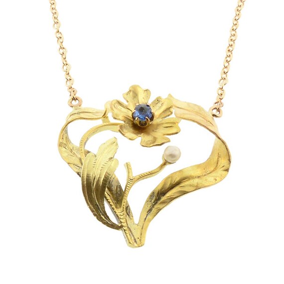 Art Nouveau Sapphire & 14K Colored Gold Floral Pendant Necklace