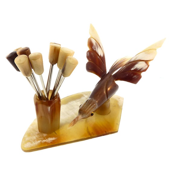 Vintage French Carved Horn Cocktail Pick Set