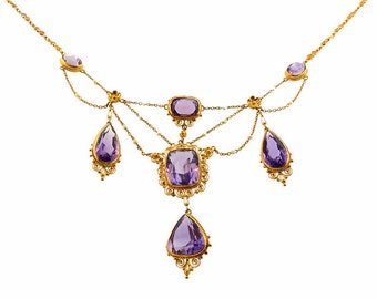 Victorian 14K Gold Filigree, Amethyst & Seed Pearl Festoon Necklace