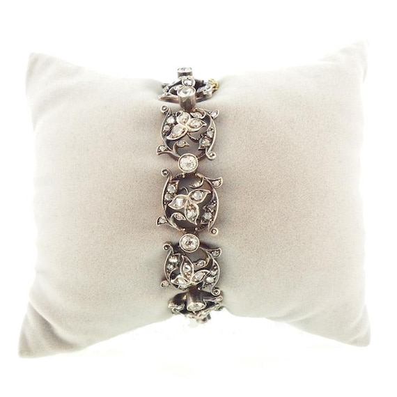 19th Century French 18K Gold, Silver & Diamond Articulated Bracelet