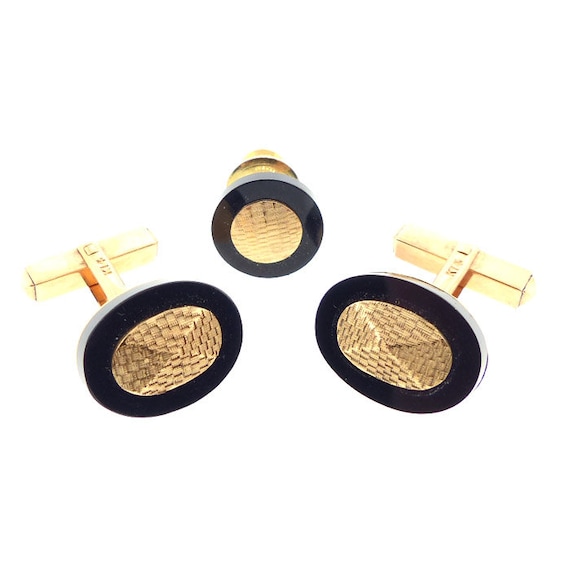 Vintage K Uyeda 14K Gold & Onyx Cufflinks and Tie… - image 4