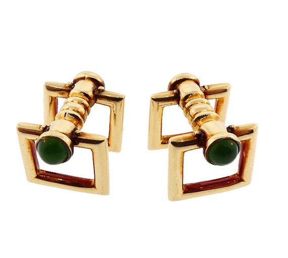 Carrington Art Deco 14K Gold & Nephrite Jade Flip-Up Stirrup Cufflinks