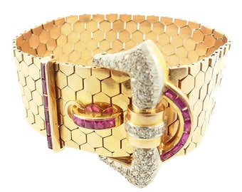 Retro 18K Gold, Platinum, Diamond & Ruby Buckle Bracelet