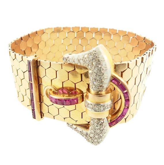 Retro 18K Gold, Platinum, Diamond & Ruby Buckle B… - image 1