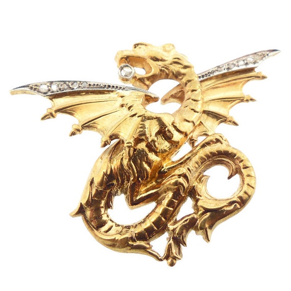 French Art Nouveau 18K Gold, Platinum, & Diamond Griffin Pendant