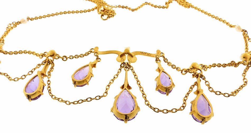 Art Nouveau Krementz 14K Gold Amethyst & Pearl Festoon - Etsy