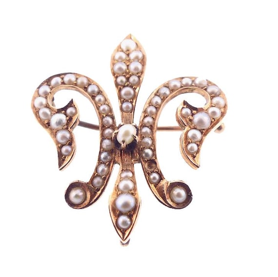 Victorian 14K Gold & Seed Pearl Fleur-de-Lys Pendant /  Brooch
