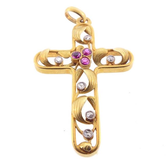 Art Nouveau Ruby & Diamond Foliate Cross Crucifix Pendant