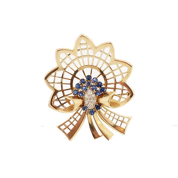 Retro 14K Gold, Diamond & Sapphire Bow or Comet Brooch