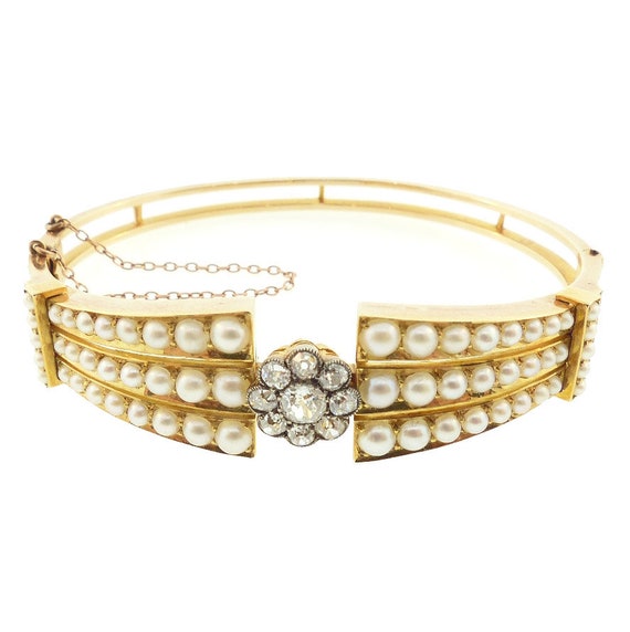 English Victorian 15K Gold, Natural Pearl & Diamond Bangle Bracelet