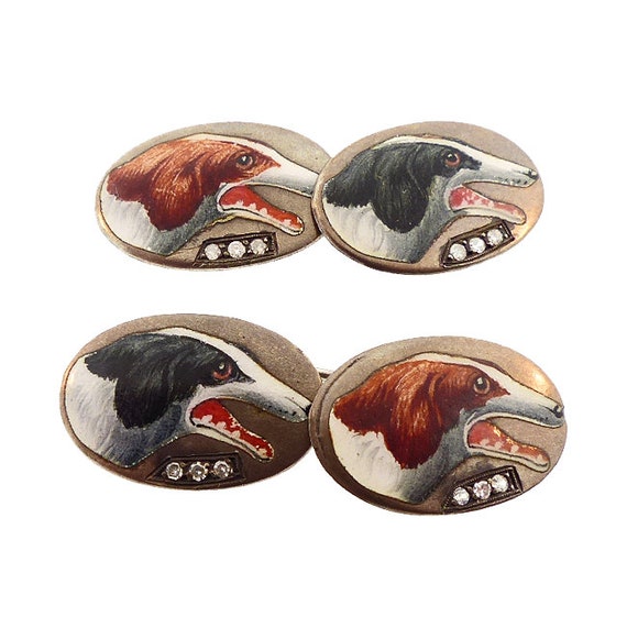 Edwardian Enameled Silver & Diamond Greyhound Dog Cufflinks