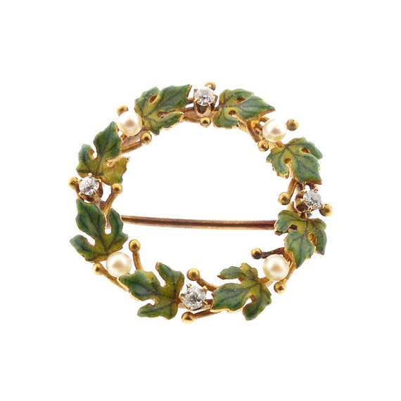 Krementz Nouveau 14K Enamel Diamond Pearl Wreath Pin