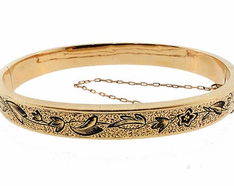 Victorian 14K Gold & Taille d’Epargne Enamel Hinged Bangle Bracelet