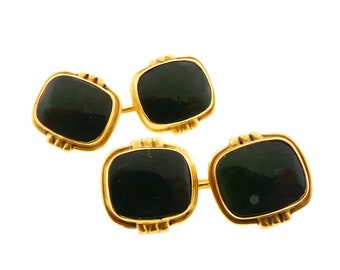 Art Deco 14K Gold & Dark Green Jasper Cufflinks