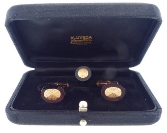 Vintage K Uyeda 14K Gold & Onyx Cufflinks and Tie Pin