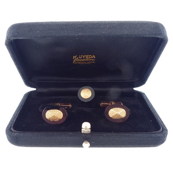 Vintage K Uyeda 14K Gold & Onyx Cufflinks and Tie… - image 1