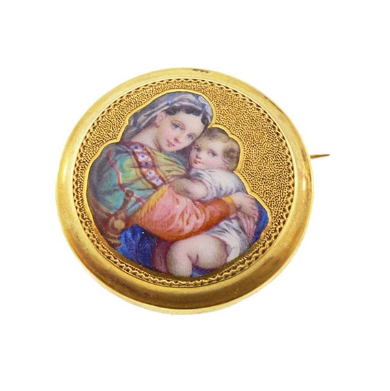 Belle Epoque 18K Gold Shaded Enamel Raphael Madonna & Child