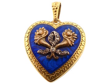 Edwardian French 18K Gold, Guilloché Enamel & Diamond Heart Locket