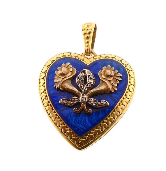 Edwardian French 18K Gold, Guilloché Enamel & Diamond Heart Locket