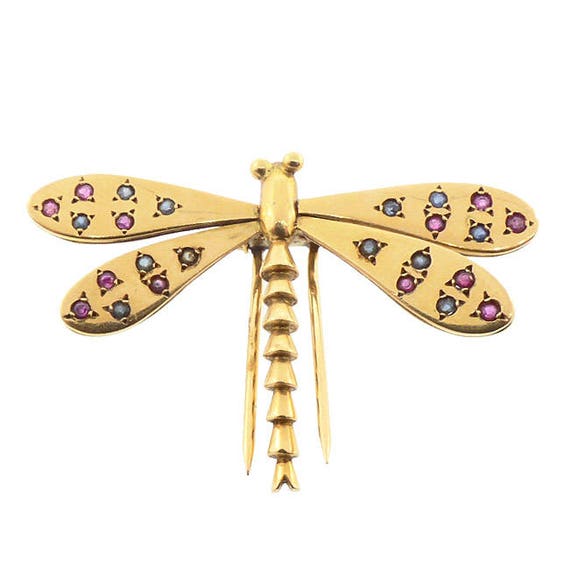 Retro 18K Gold, Ruby & Sapphire Dragonfly Insect Brooch