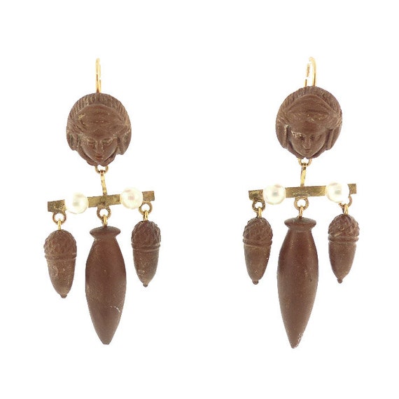 Victorian Grand Tour 15K Gold, Pearl & Lava Girandole Earrings