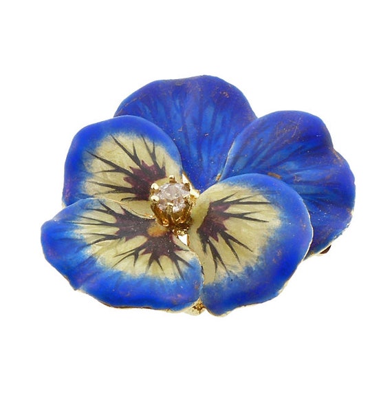 Art Nouveau 14K Gold Enamel & Diamond Pansy Brooc… - image 3