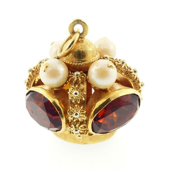 Venetian Etruscan 18K Gold, Citrine & Pearl Crown Fob Charm Pendant