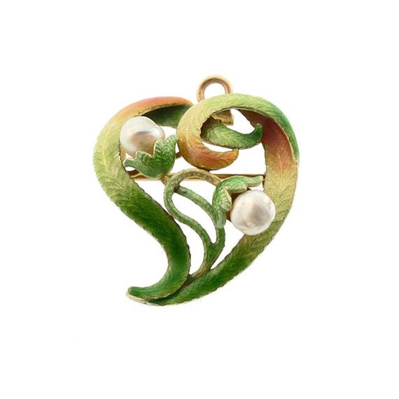 A.J. Hedges Art Noveau 14K Enamel & Pearl Witch's Heart Pendant