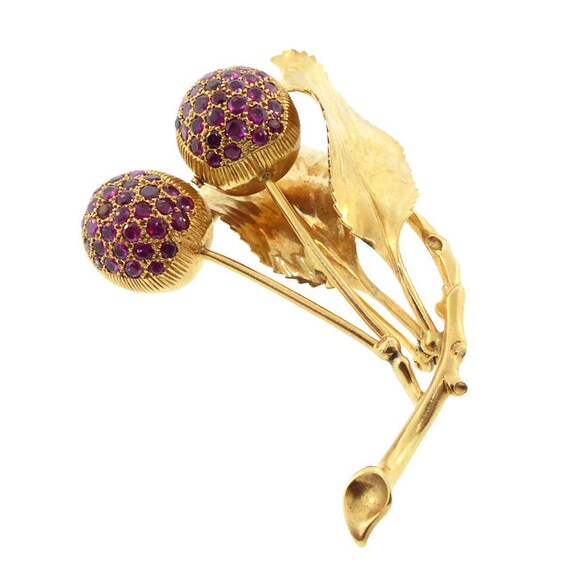 Retro 14K Yellow Gold & Ruby Cherries Brooch - image 4