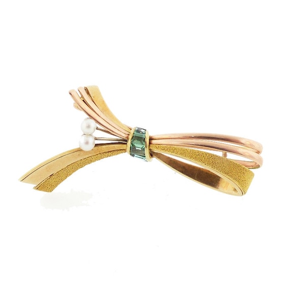 Retro 14K Tri-Color Gold, Tourmaline & Pearl Brooch