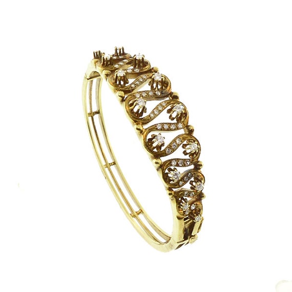 Diamond & 14K Gold Edwardian Ribbon Hinged Bangle Bracelet