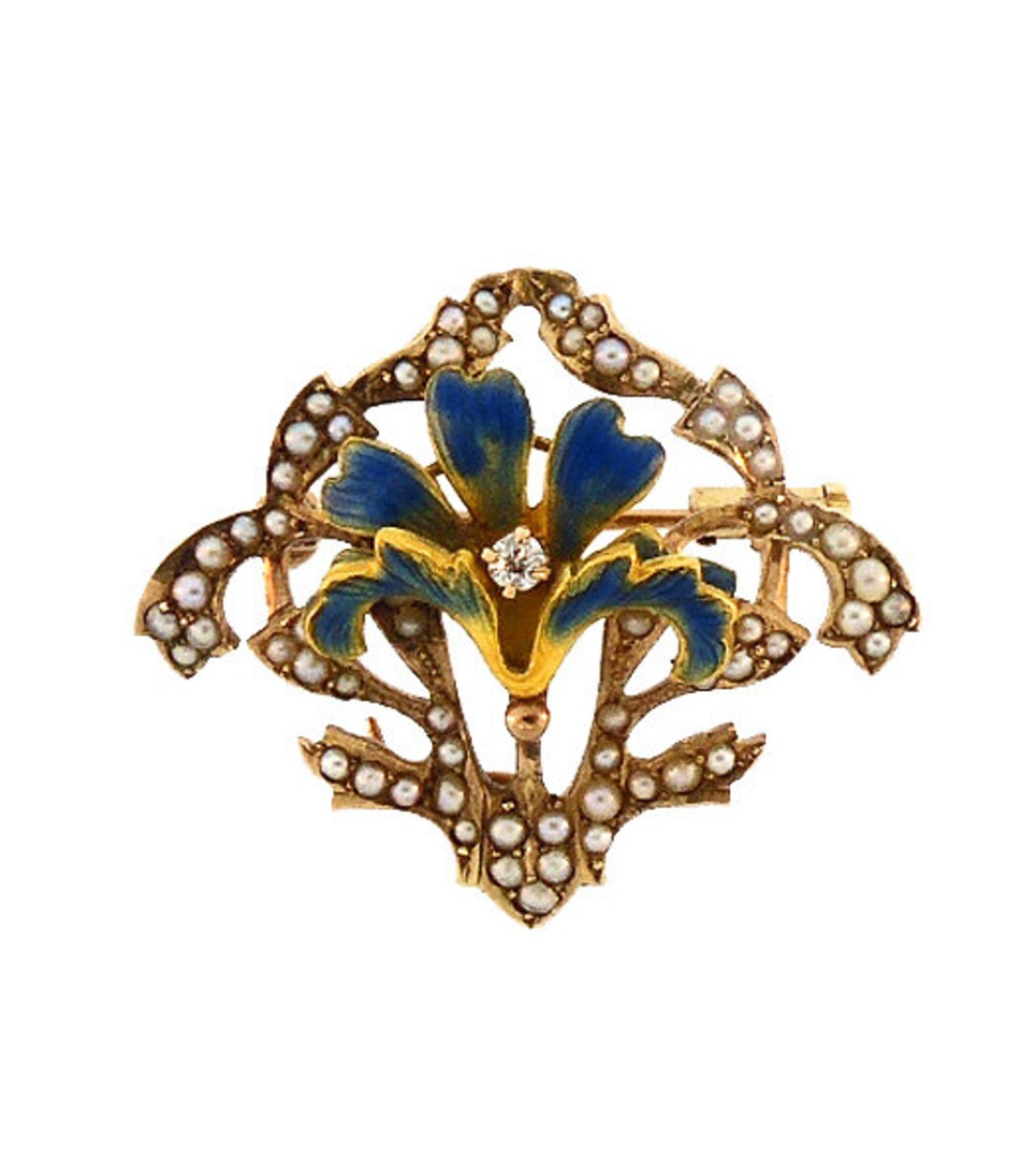Art Nouveau 14K Gold Enamel Diamond & Pearl Lily Flower Pin - Etsy