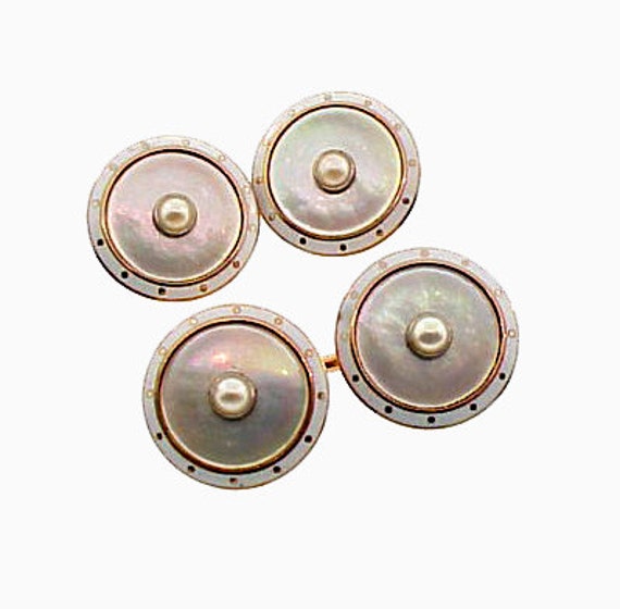 Edwardian 14K Gold, Mother-of-Pearl & White Enamel Cufflinks