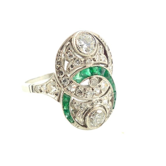 French Art Deco Platinum, Diamond & Emerald Toi et Moi Ring