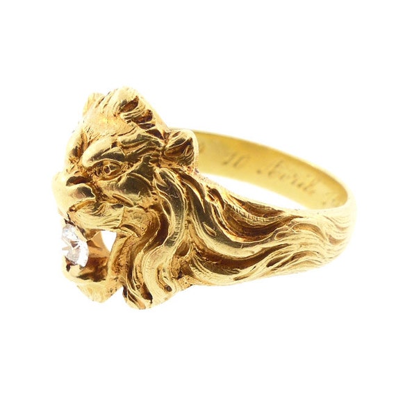 Art Nouveau 18K Gold & Diamond Gentleman’s Lion R… - image 4
