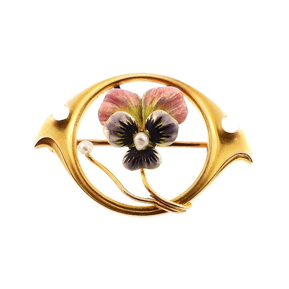 Art Nouveau Enameled Pansy & Pearl 10K Gold Pin