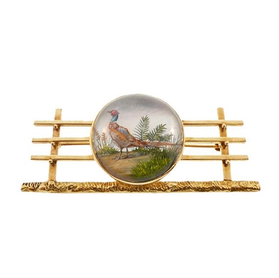 Essex Crystal Pheasant 14K Gold Animal Brooch