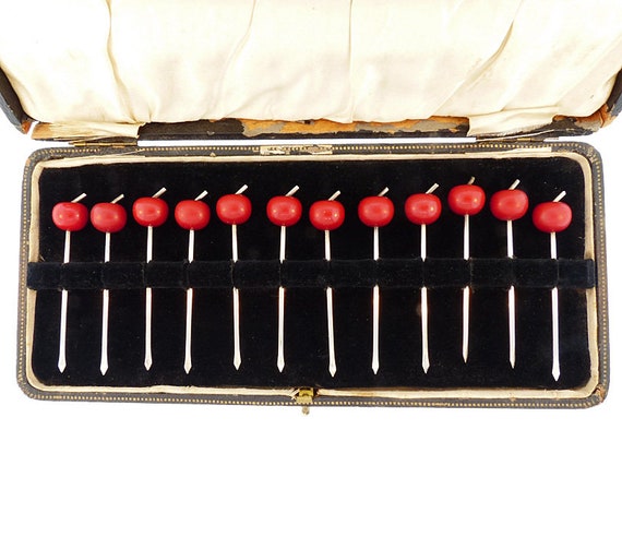 Art Deco Sterling Silver & Red Bakelite Cherry Cocktail Picks Box Set