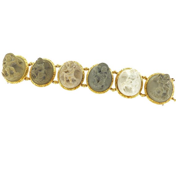 Victorian Etruscan Revival 18K Gold & Lava Carved Cherub Bracelet